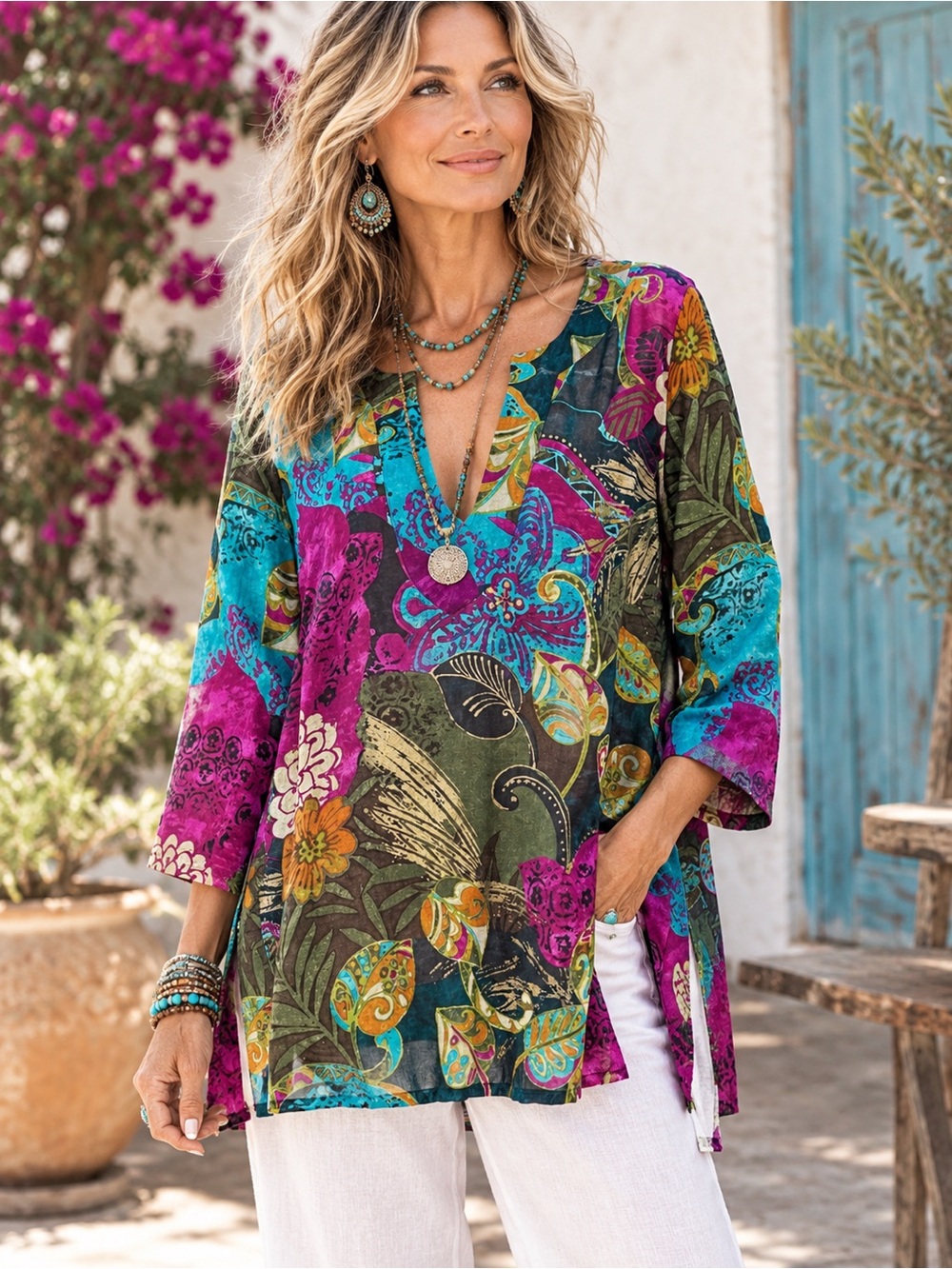 Chico’s Multicolored Silk Tunic Top Boho Festival Hippie Chic Bloomcore